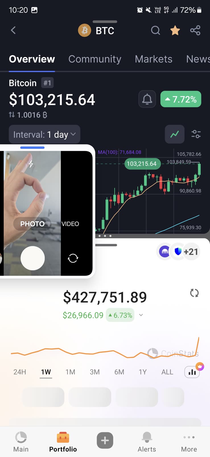phone screen showing a Bitcoin price chart and a crypto portfolio balance