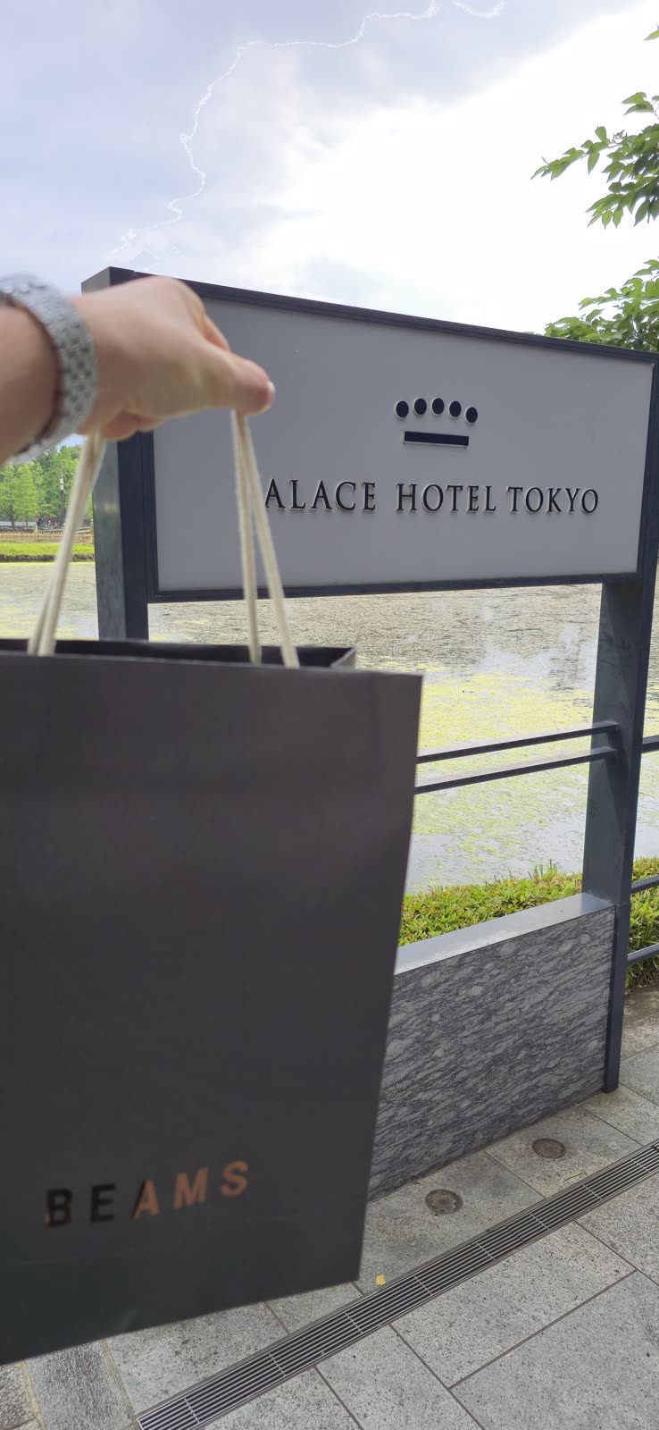 hand holding a Beams shopping bag in front of the Palace Hotel Tokyo sign